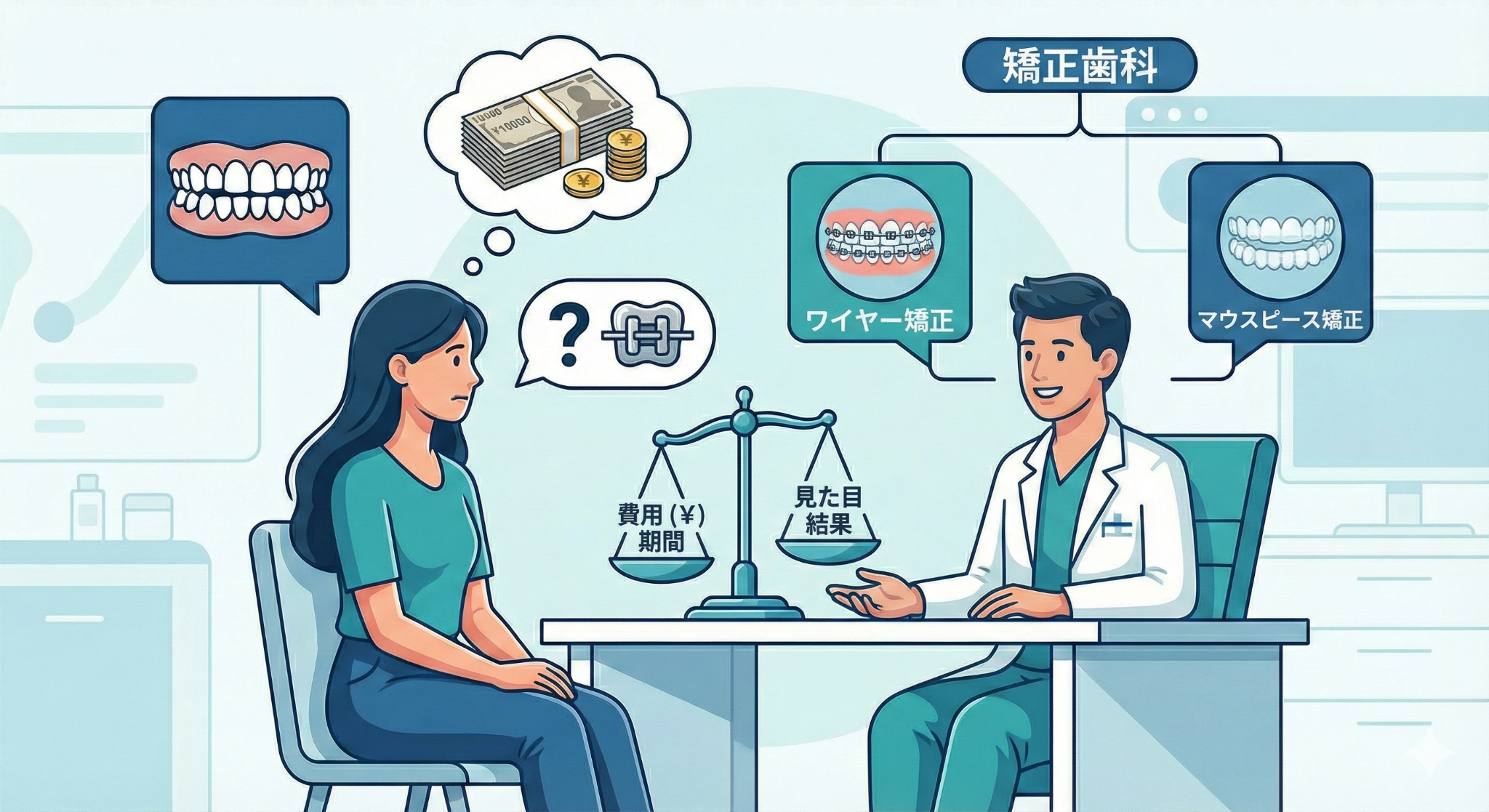矯正相談で歯科医師がワイヤー矯正とマウスピース矯正の違いや費用・期間について説明しているイラスト 