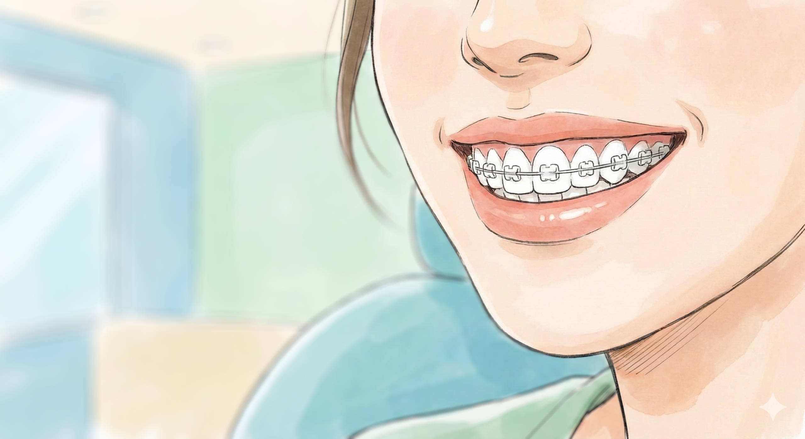 ワイヤー矯正で歯にブラケットとワイヤーを装着して歯並びを整えている口元のイメージイラスト
