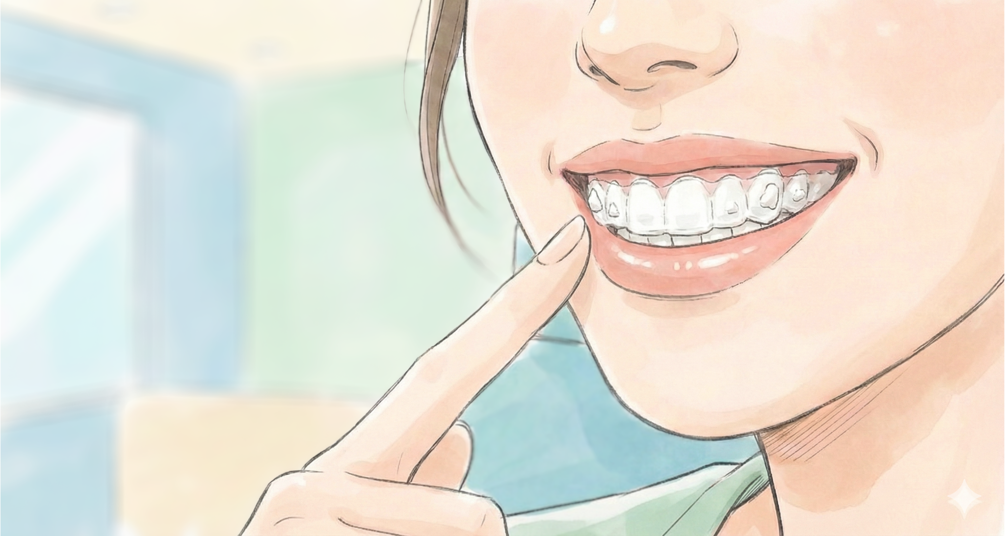 透明なマウスピース型矯正装置（アライナー）を装着した口元のイメージイラスト
